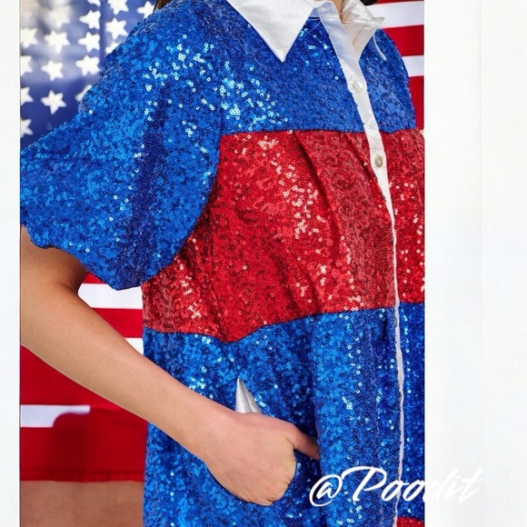 PEACH LOVE CALIFORNIA Red and Blue Sequin Mini Dress S M L - Picture 3 of 6